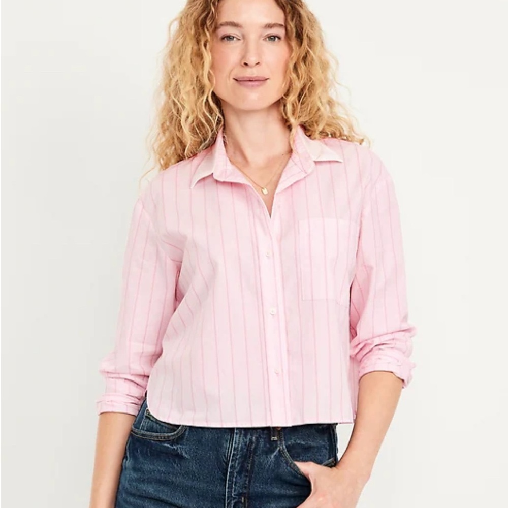 Cotton Cropped Pink Striped‎ Button-Up Shirt